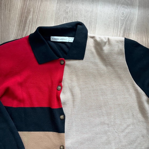 Karen Lessly Large Button Down Sweater Colorblock Black/Tan/Red 100% Acrylic - Picture 4 of 8